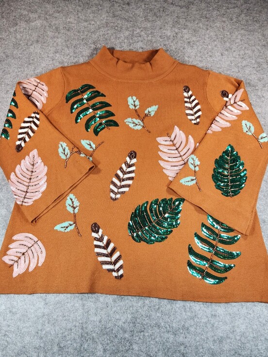 Fate Sweaters - Fate Burnt Orange Sequin Leaf Mock Neck Sweater Small